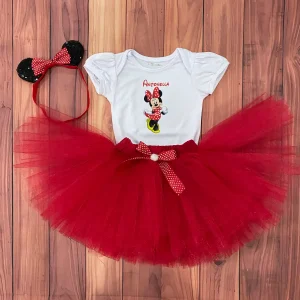 Set de Vincha, Tutu Rojo y Mameluco con Mangas Bombachas de Minnie