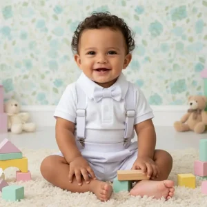 Conjunto de Bautizo Blanco para Niño con Mameluco Manga Corta y Short con Tirantes Ajustables