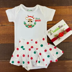 Conjunto de Calzón Falda Vincha y Mameluco Feliz Navidad Y Reno