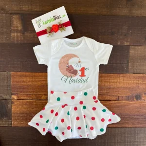 Conjunto de Calzón Falda Vincha y Mameluco Mi Primer Navidad con Osito en Luna