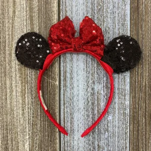 Diadema Negra y Roja con Orejitas y Lazo de Lentejuelas alusiva a Minnie