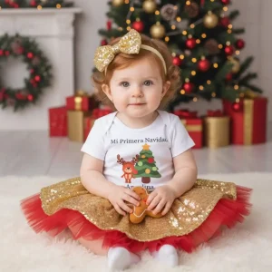 Set Mameluco y Falda Navideña Roja y Dorada con Lentejuelas Mi Primera Navidad Árbol Y Reno
