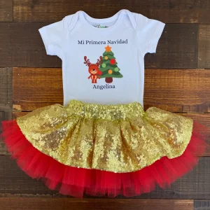 Set Mameluco y Falda Navideña Roja y Dorada con Lentejuelas Mi Primera Navidad Árbol Y Reno