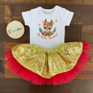 Set Mameluco y Falda Navideña Roja y Dorada con Lentejuelas Mi primer Navidad Reno