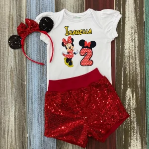 Set de Mameluco Diadema y Short Rojo de Lentejuelas alusivo a Minnie