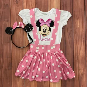 Conjunto Rosado con Vincha, Mameluco Mangas Bombachas y Falda de Tirantes alusivo a Minnie