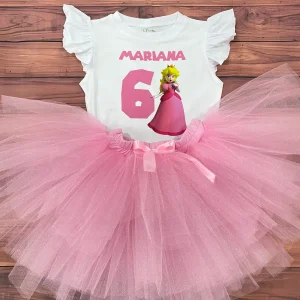 Conjunto de Tutu Rosado y Mameluco con Mangas Aleteadas alusivo a Princesa Peach