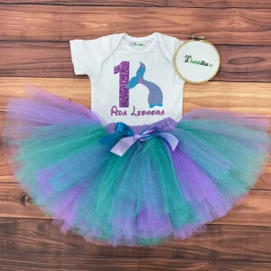 Conjunto de Tutu Turquesa Celeste y Morado con Mameluco alusivo a Sirena