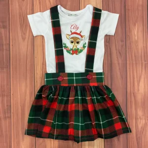 Set de Falda Roja y Verde de Cuadros Estampada con Tirantes y Mameluco con Reno y Nombre