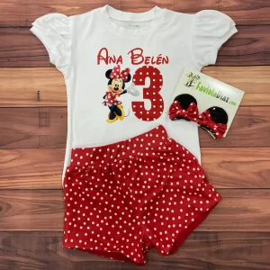Set de Mameluco con Mangas Bombachas Prensas de Orejitas y Short Gigi Rojo Alusivo a Minnie