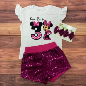 Set de Mameluco con mangas aleteadas Prensas y Short Fucsia de Lentejuelas alusivo a Minnie