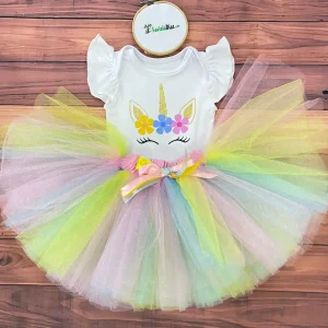 Set de Tutu Amarillo Celeste Rosado y Mameluco con mangas aleteadas de Unicornio