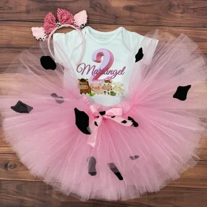 Set de Diadema con Orejitas, Tutu y Mameluco Rosado alusivo a Granja