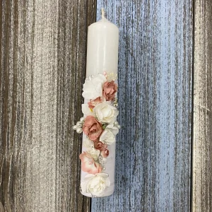 Vela Capitolio Blanca y Palo Rosa con Flores y Perlas