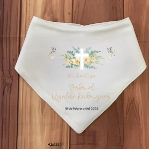 Babero de Bautizo Cruz Floral en Crema y Verde