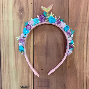 Diadema Rosada Lila y Turquesa con Estrellas de Mar y Flores alusiva a Sirena