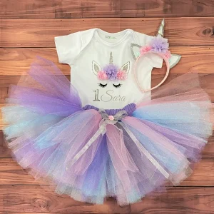 Set de Diadema Tutu y Mameluco Plateado Lila Rosado y Celeste de Unicornio con Flores