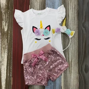 Set de Mameluco con Mangas Aleteadas, Short de Lentejuelas y Diadema de Unicornio