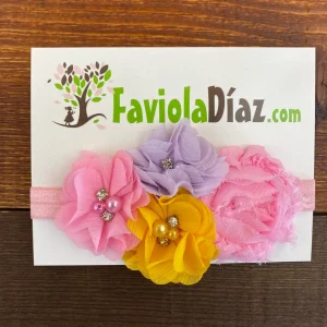 Vincha Alicia de Flores Rosadas, Lila y Amarillo