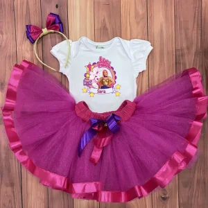 Set de Diadema, Tutu Fucsia y Mameluco con Mangas Bombachas alusivo a Luli Pampín