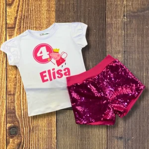 Set de Short Fucsia de Lentejuelas y Mameluco con mangas Bombachas alusivo a Peppa