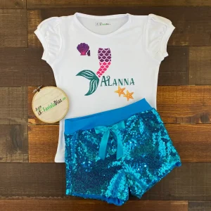 Set de Short Turquesa de Lentejuelas y Mameluco con mangas Bombachas alusivo a Cola de Sirena