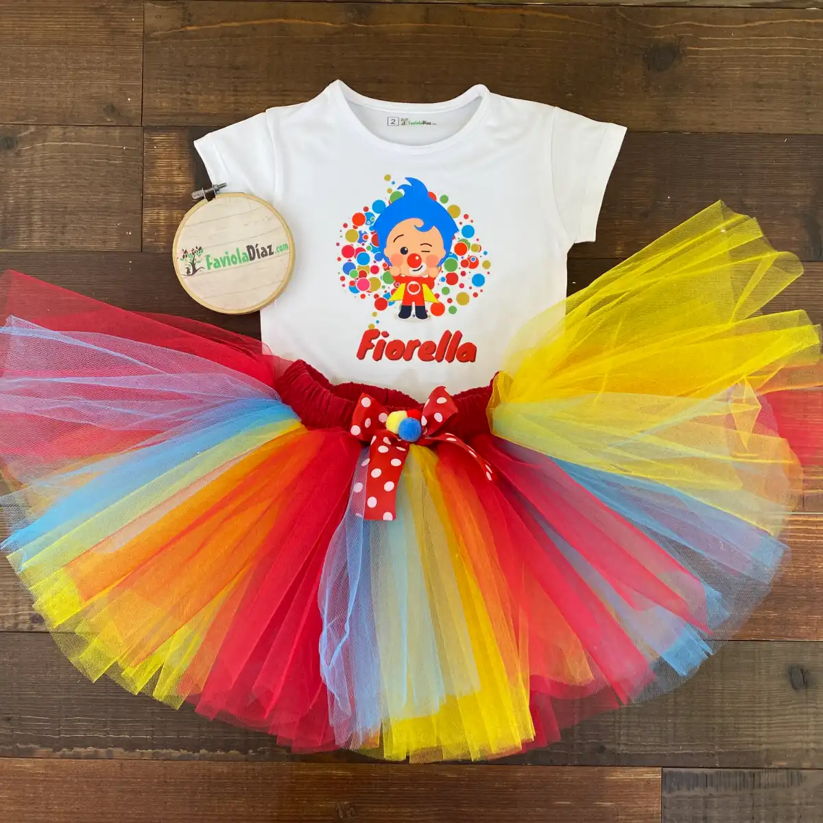 Set de Tutu Rojo Amarillo y Celeste con Mameluco alusivo a Plim Plim 1 Set de Tutu Rojo Amarillo y Celeste con Mameluco alusivo a Plim Plim