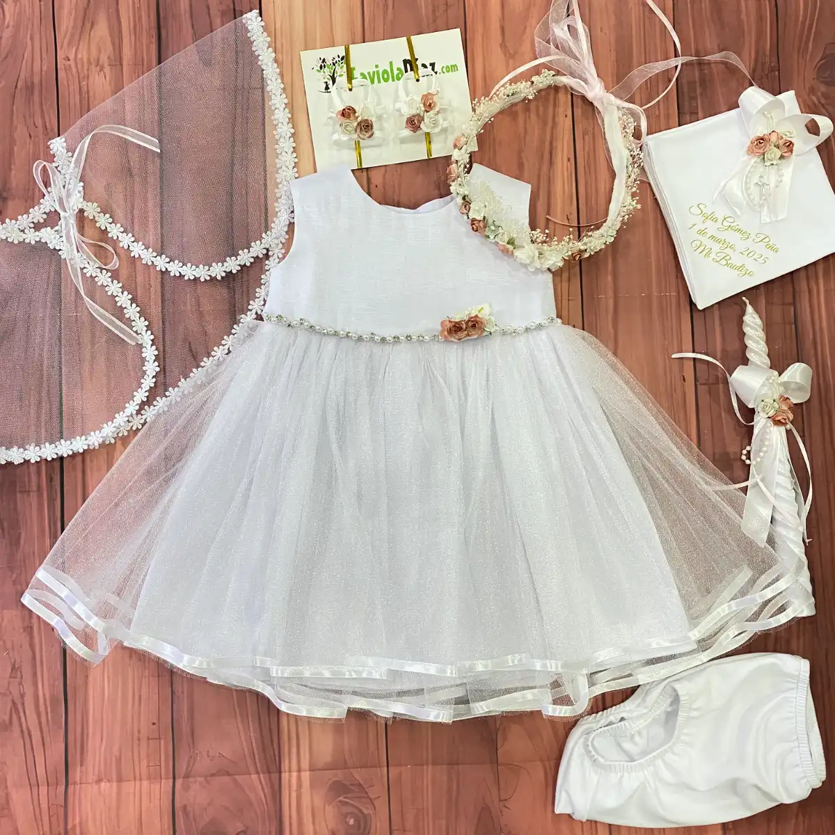Vestido Blanco Cristal con Flores Palo Rosa 3 Vestido Blanco Cristal con Flores Palo Rosa - Imagen 3