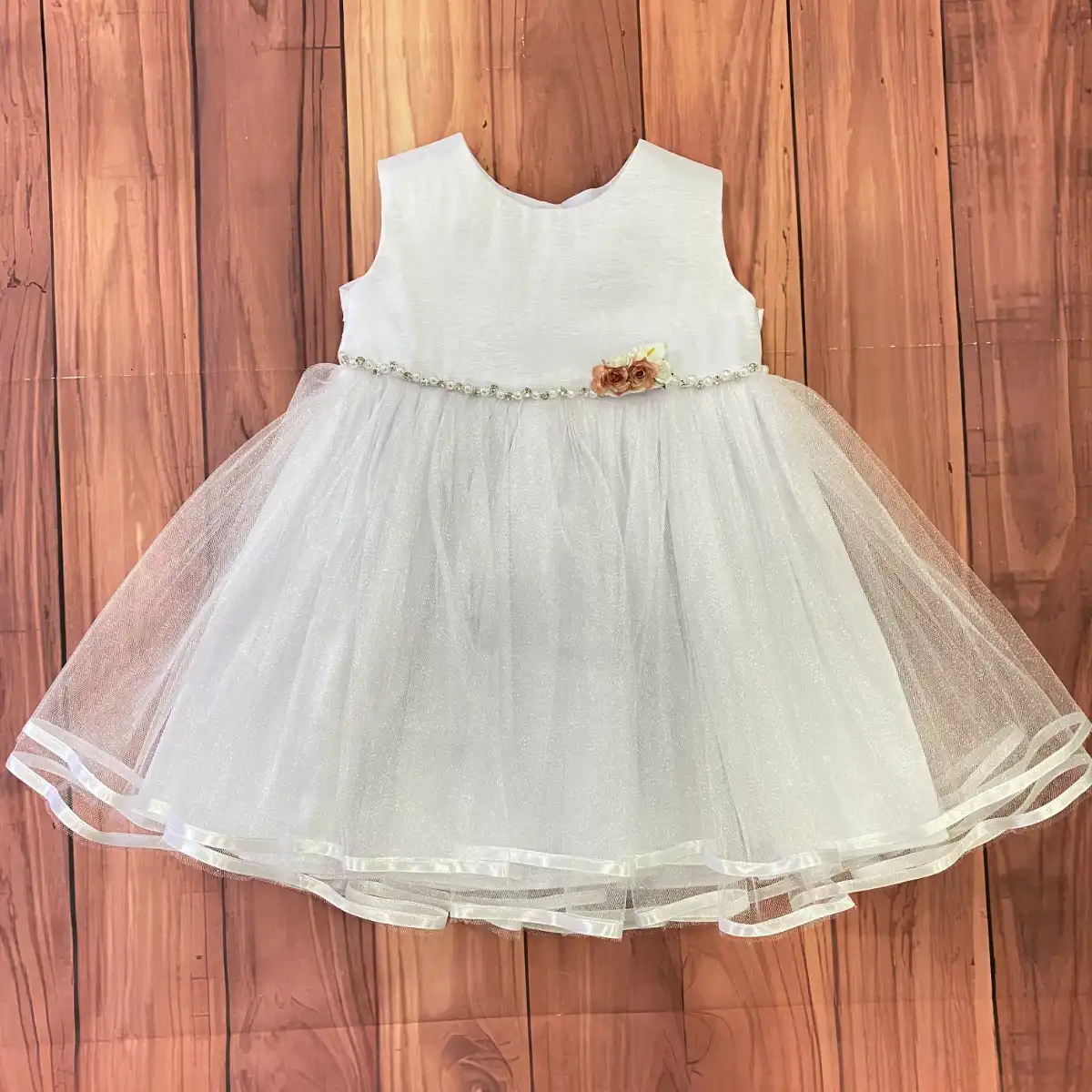 Vestido Blanco Cristal con Flores Palo Rosa 1 Vestido Blanco Cristal con Flores Palo Rosa
