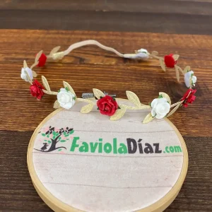 Vincha Dorada Griega con Flores Blancas y Rojas