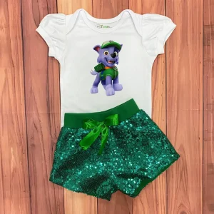Set de Short Verde de Lentejuelas y Mameluco con mangas Bombachas alusivo a Ricky de Paw Patrol