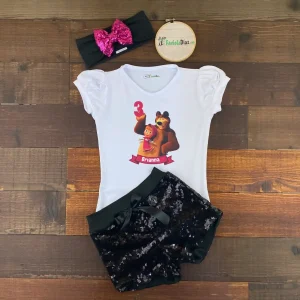 Set de Vincha Short Negro de Lentejuelas y Mameluco con Mangas Bombachas alusivo a Masha y el Oso