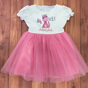 Vestido Rosado y Fucsia con Mangas Bombachas Alusivo a Dinosaurio