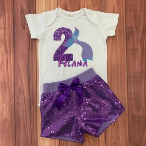 Set de Short Morado de Lentejuelas y Mameluco alusivo a Cola de Sirena