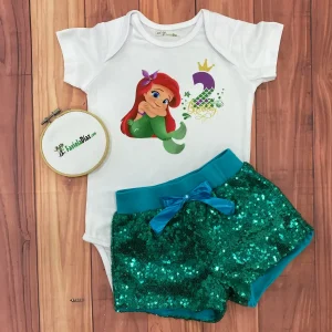 Set de Short Verde de Lentejuelas y Mameluco alusivo a la Sirenita