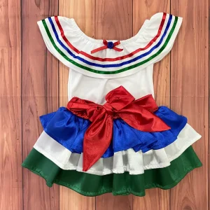 Traje Típico Blanco, Verde, Rojo y Azul con Cinturón Rojo BRILLANTE