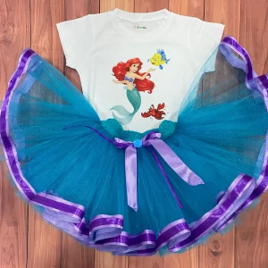 Conjunto de Tutu Turquesa Lila y Morado con Mameluco alusivo a La Sirenita Ariel