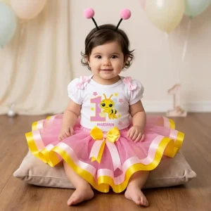 Set de Tutu Rosado y Amarillo, Diadema y Mameluco con Mangas Bombachas alusivo a Abejita
