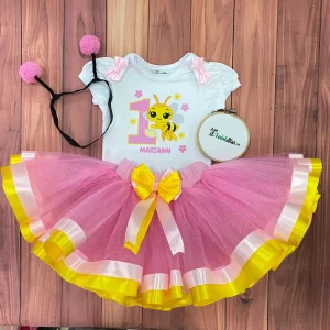 Set de Tutu Rosado y Amarillo, Diademay Mameluco con Mangas Bombachas alusivo a Abejita