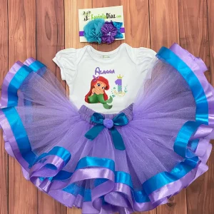 Set de Vincha, Tutu Turquesa y Lila y Mameluco con Manga Bombacha alusivo a La Sirenita