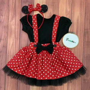 Conjunto Rojo y Negro con Diadema, Mameluco y Falda de Tirantes alusivo a Minnie