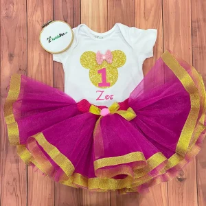 Set de Tutu Fucsia y Dorado con Mameluco Alusivo a Minnie