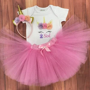 Set de Diadema Tutu Rosado y Mameluco de Unicornio con Flores