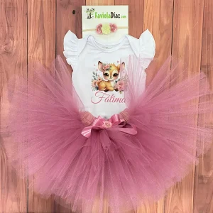 Set de Vincha, Tutu Palo Rosa y Mameluco con Mangas Aleteadas de Venado