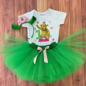 Set de Diadema Tutu Verde y Mameluco alusivo a Felicia de Shrek