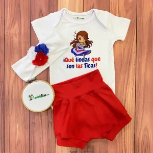Set de Mameluco y Short Rojo ¡Qué lindas que son las Ticas! con Vincha Charlene