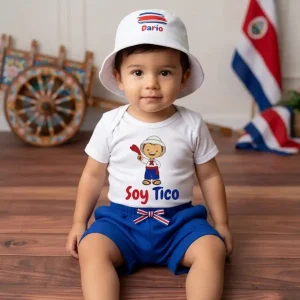 Set de Sombrero con Bandera Pincelada Mameluco Soy Tico y Short Harem Azul