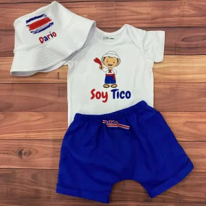Set de Sombrero con Bandera Pincelada Mameluco Soy Tico y Short Harem Azul