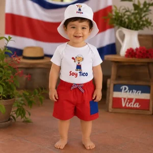 Set de Sombrero con Niño Típico Mameluco Soy Tico y Short Harem Rojo
