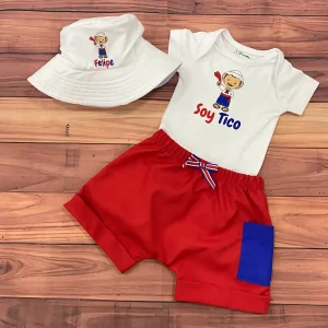 Set de Sombrero con Niño Típico Mameluco Soy Tico y Short Harem Rojo
